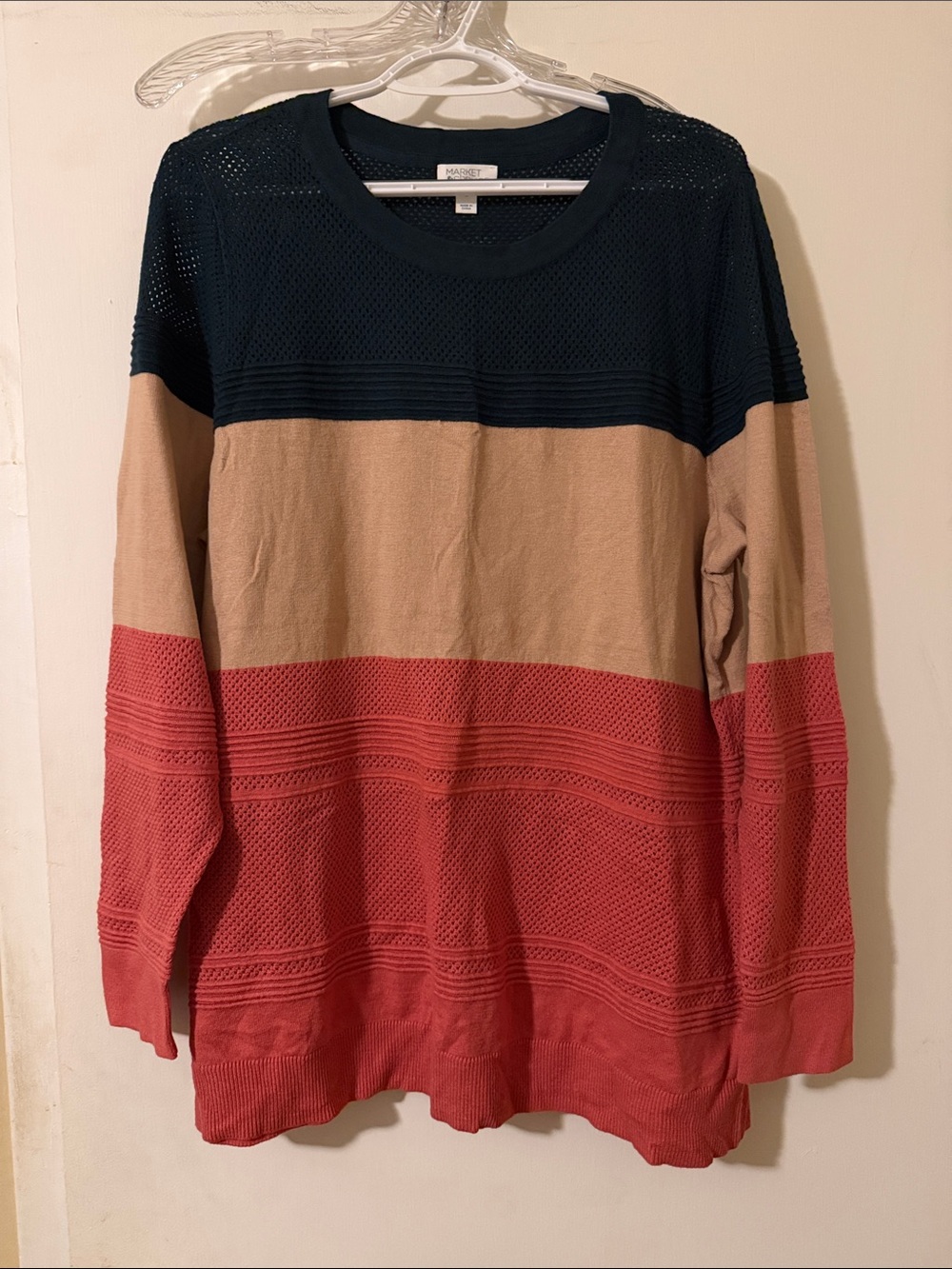 Market & Spruce Dark Green, Tan & Coral Colorblock Open-Knit Crewneck Sweater
